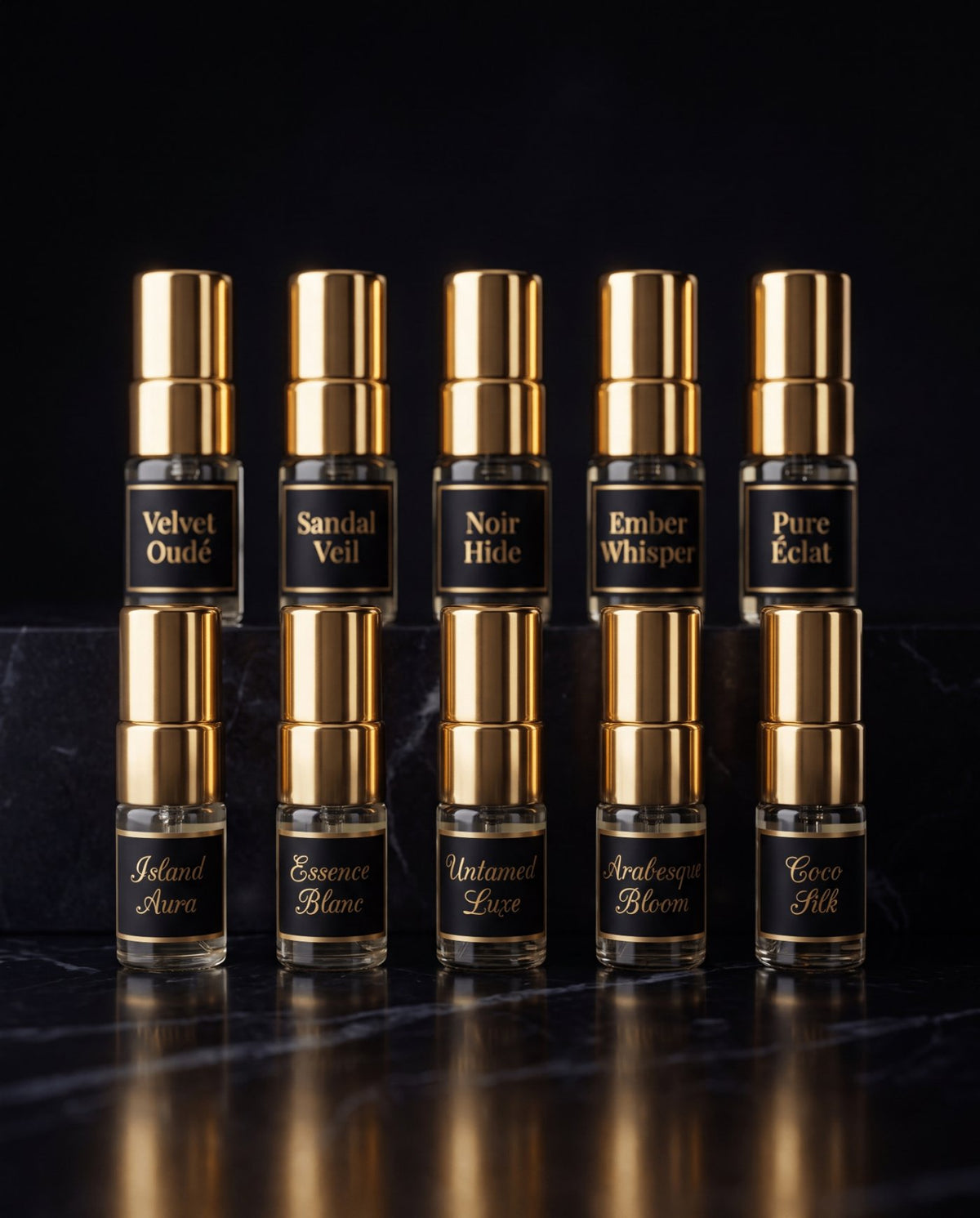 Sirta Scents Complete Discovery Experience set of ten 2ml luxury Extrait de Parfum sample vials arranged in a gold accented presentation box